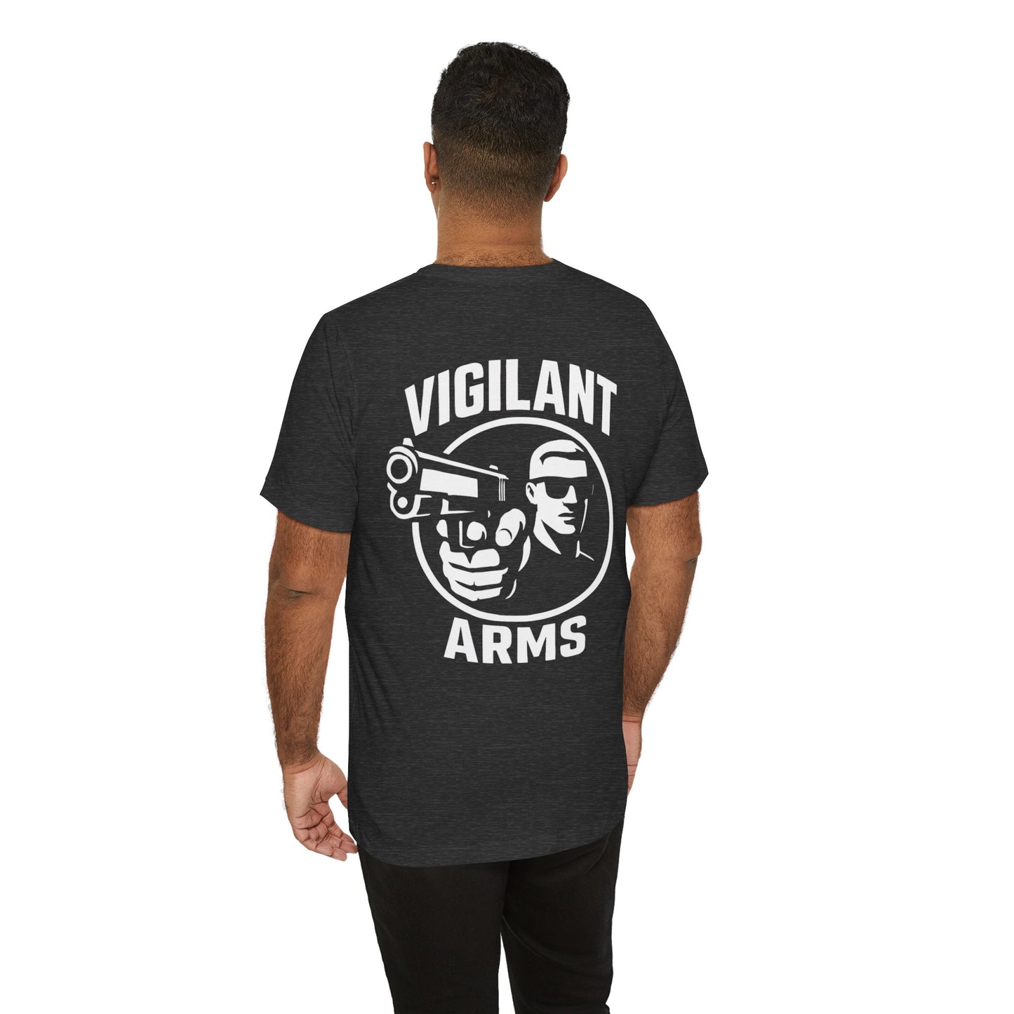 Vigilant Arms | with shades | Jersey Comfort Bella+Canvas Short Sleeve Tee. {*Designw/Sunglasses} Front/Back
