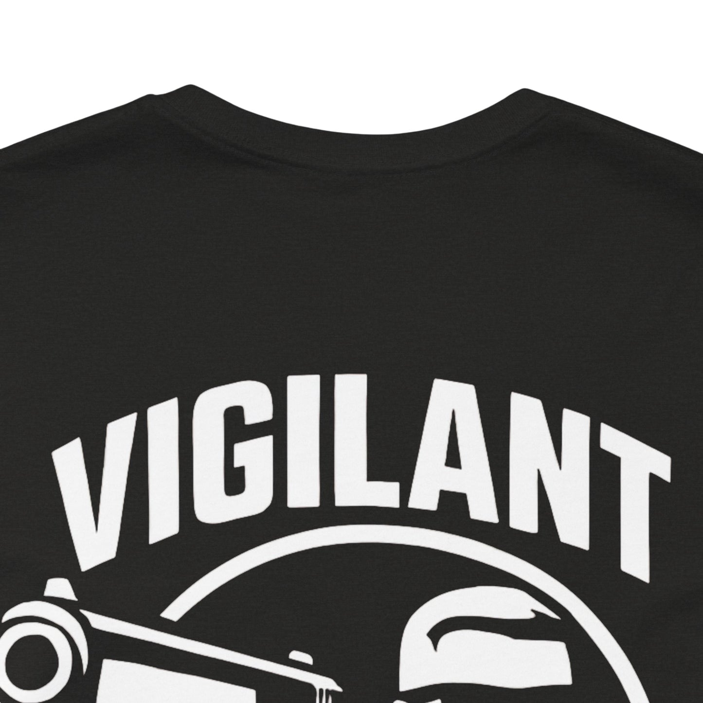 Vigilant Arms | with shades | Jersey Comfort Bella+Canvas Short Sleeve Tee. {*Designw/Sunglasses} Front/Back