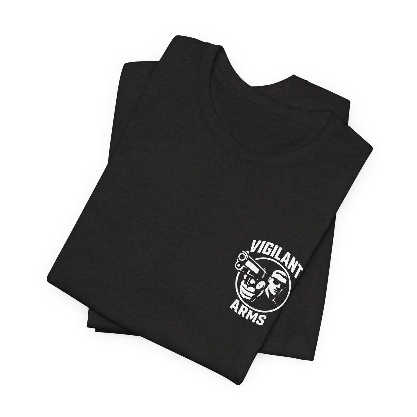 Vigilant Arms | with shades | Jersey Comfort Bella+Canvas Short Sleeve Tee. {*Designw/Sunglasses} Front/Back