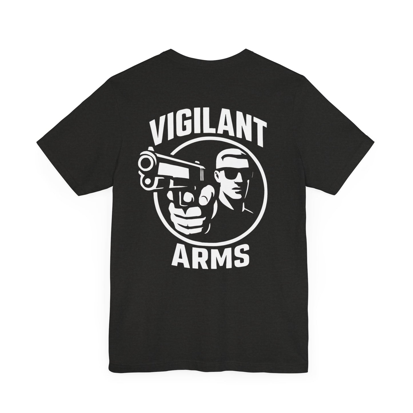 Vigilant Arms | with shades | Jersey Comfort Bella+Canvas Short Sleeve Tee. {*Designw/Sunglasses} Front/Back