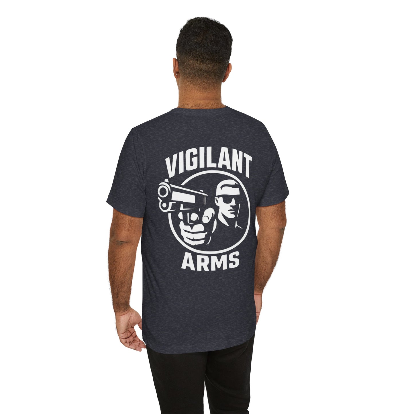 Vigilant Arms | with shades | Jersey Comfort Bella+Canvas Short Sleeve Tee. {*Designw/Sunglasses} Front/Back