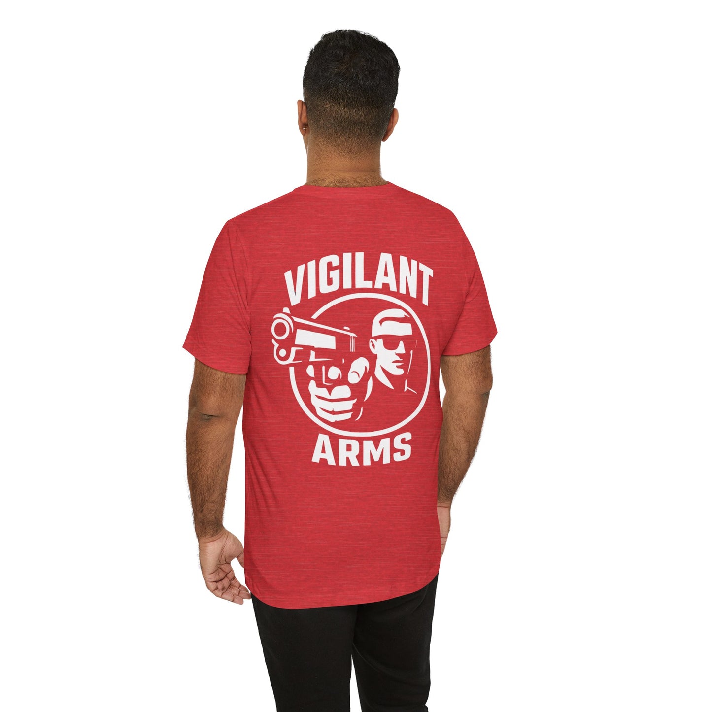 Vigilant Arms | with shades | Jersey Comfort Bella+Canvas Short Sleeve Tee. {*Designw/Sunglasses} Front/Back