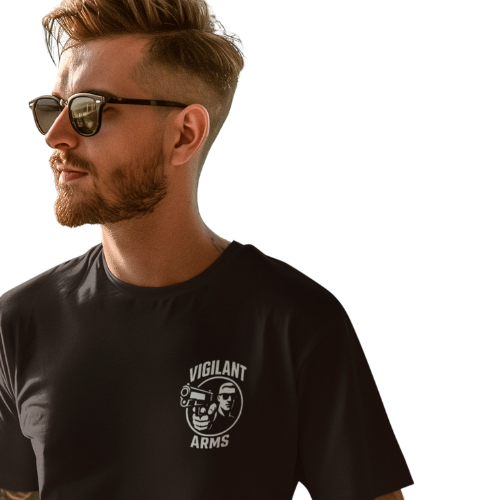 Vigilant Arms | with shades | Jersey Comfort Bella+Canvas Short Sleeve Tee. {*Designw/Sunglasses} Front/Back