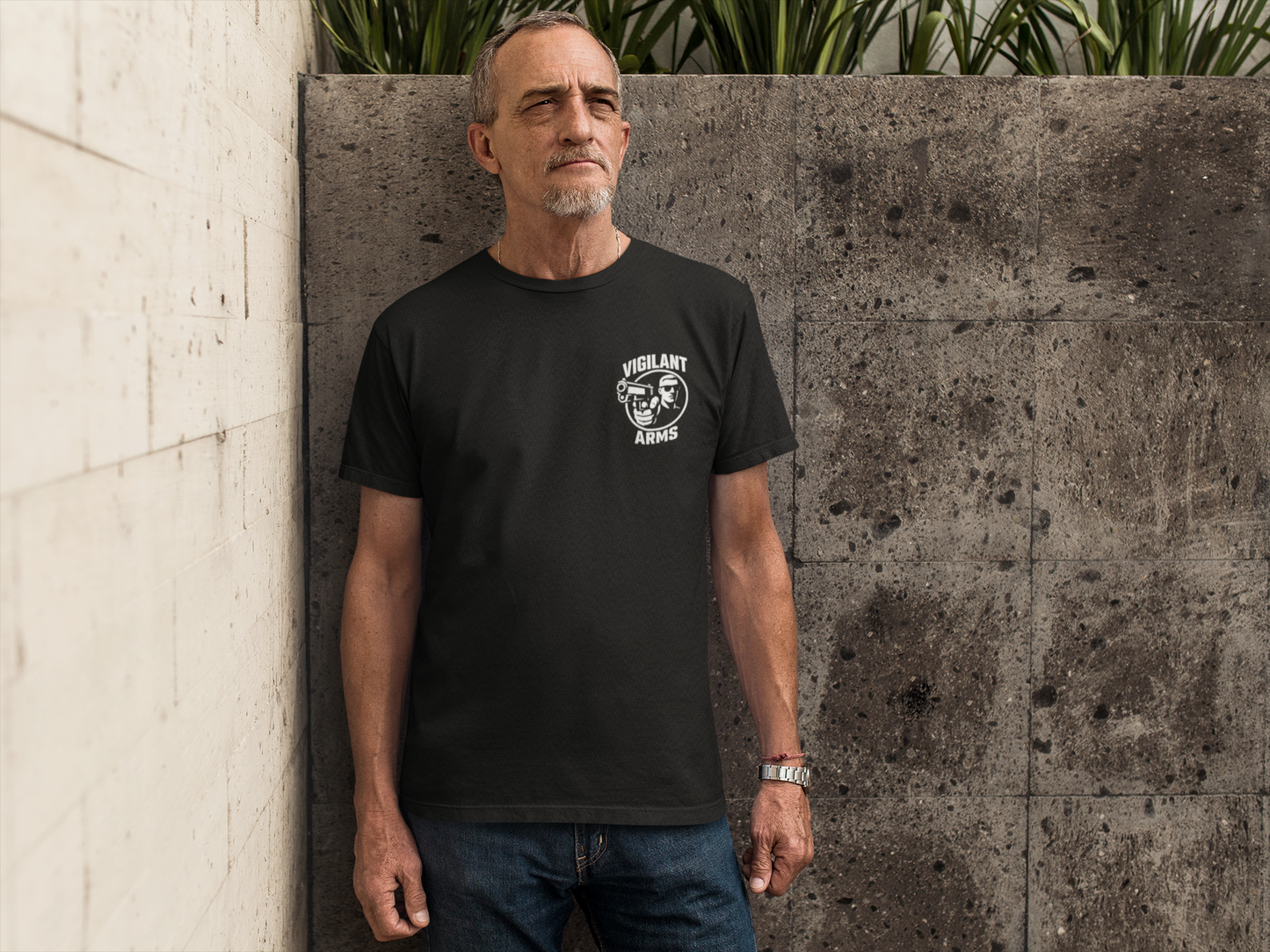 Vigilant Arms | with shades | Jersey Comfort Bella+Canvas Short Sleeve Tee. {*Designw/Sunglasses} Front/Back