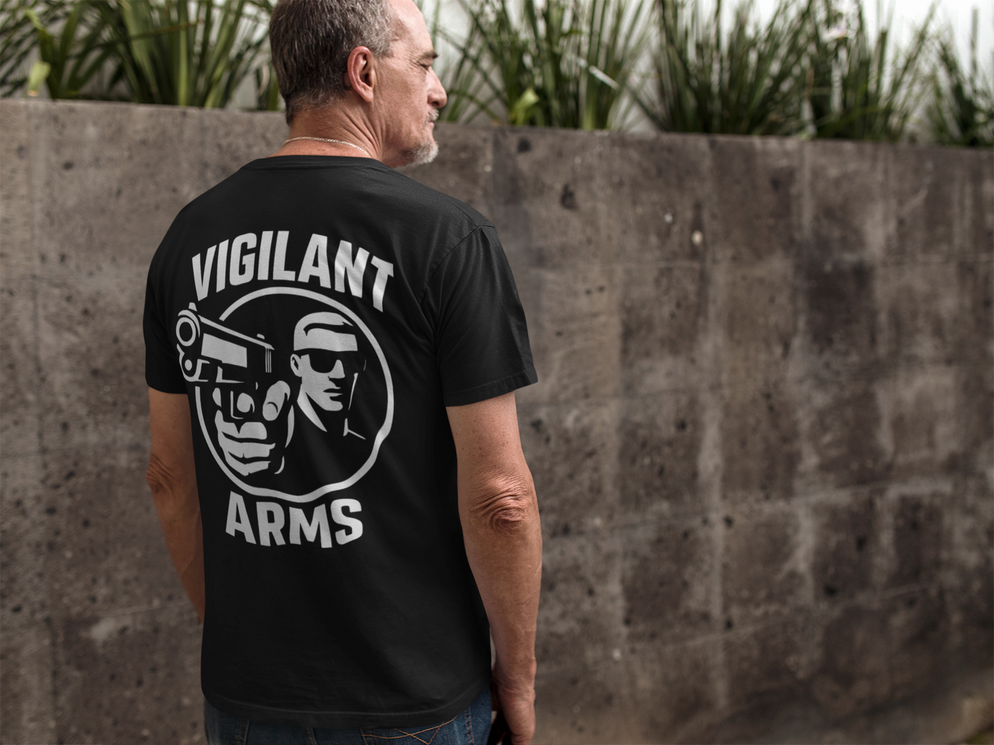 Vigilant Arms | with shades | Jersey Comfort Bella+Canvas Short Sleeve Tee. {*Designw/Sunglasses} Front/Back