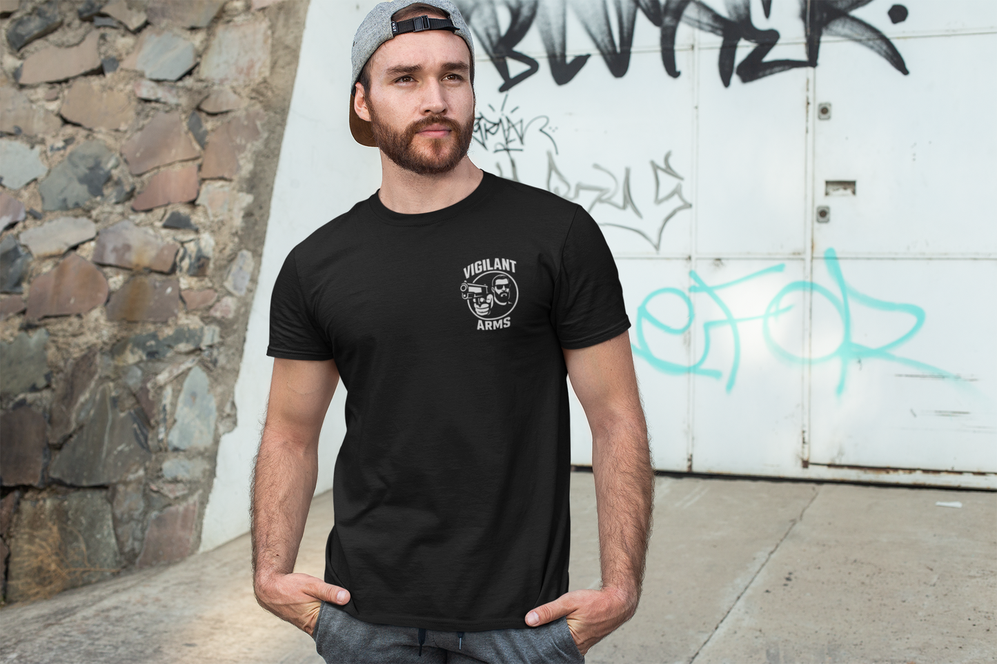 Vigilant Arms | with beard | Jersey Comfort Bella+Canvas Short Sleeve Tee. {*Designw/Beard} Front/Back