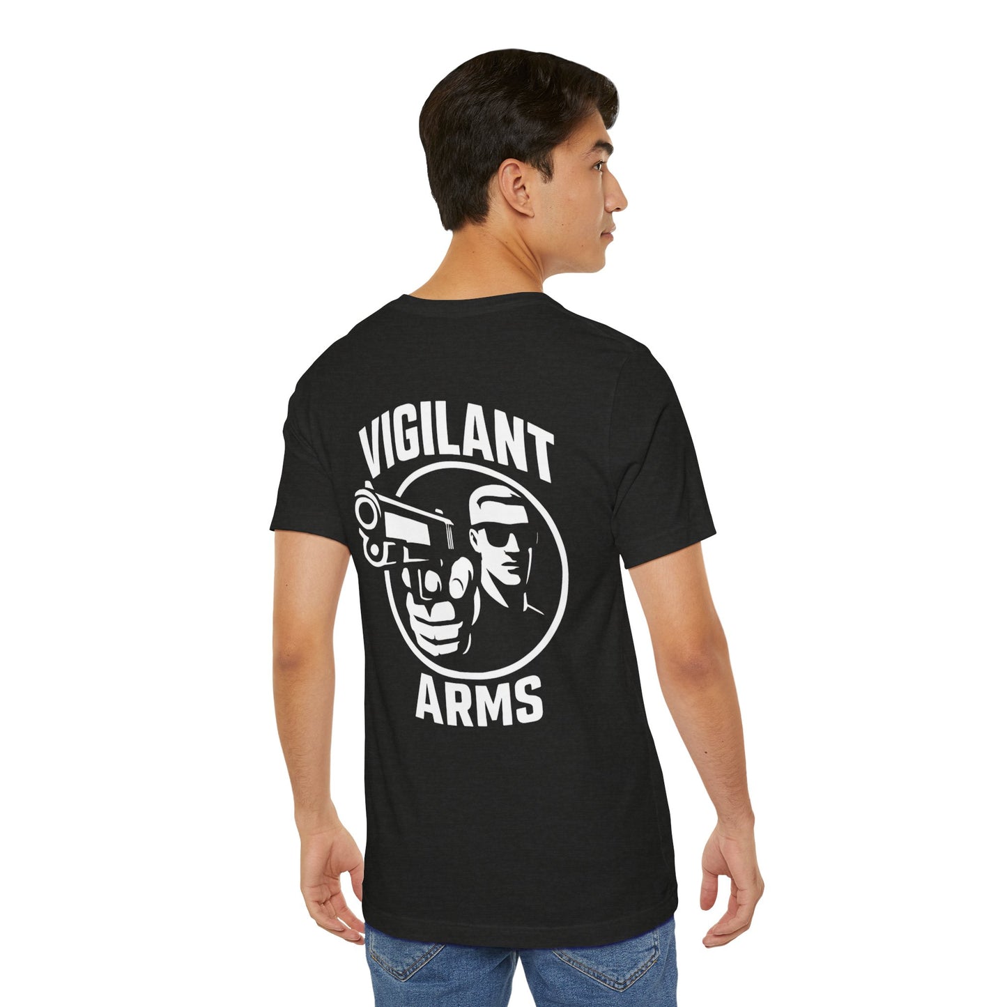 Vigilant Arms | with shades | Jersey Comfort Bella+Canvas Short Sleeve Tee. {*Designw/Sunglasses} Front/Back
