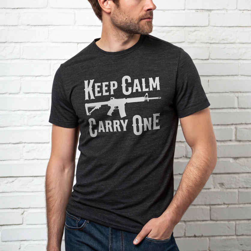 Men's Gun t-shirt Keep Calm Carry One Ultra Comfortable Soft Gun Shirt. Comfy Freedom Shirt.