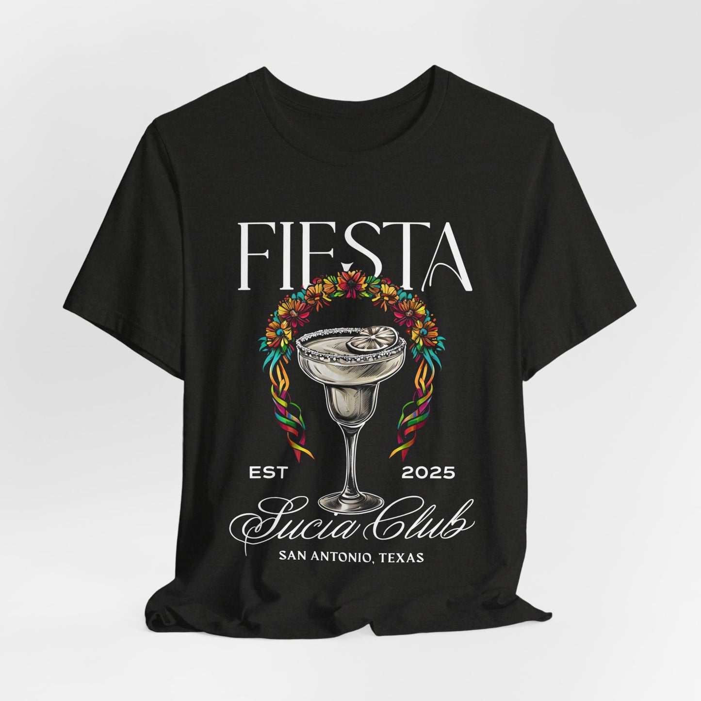 FIESTA Sucia Club w/FloralCrown  Bella+Canvas Ultra Soft Jersey Short Sleeve Tee